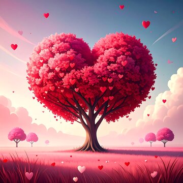 Heart-shaped tree in a vibrant pink landscape