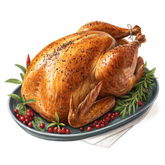 Golden roasted turkey with garnish on transparent background for holiday menus and catering branding