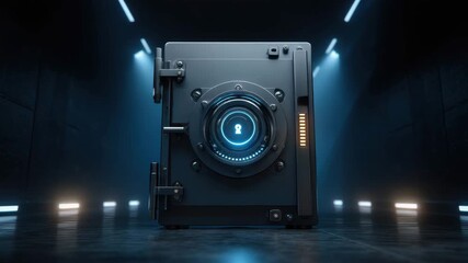Futuristic vault and safe with advanced digital lock, blue neon light, steel construction, high security technology, cyber protection, secure storage, glowing mysterious atmosphere, modern security