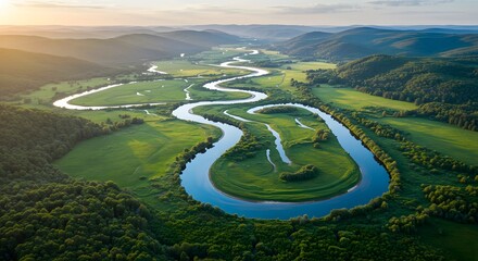 Curving River Through Lush Green Valley