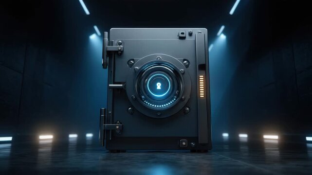 Futuristic vault and safe with advanced digital lock, blue neon light, steel construction, high security technology, cyber protection, secure storage, glowing mysterious atmosphere, modern security