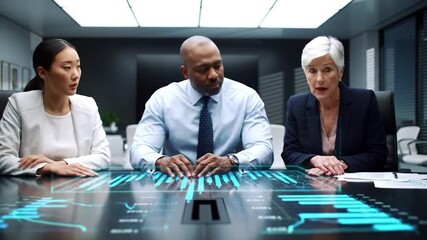 Diverse business team collaborating on futuristic interface technology at conference table - Powered by Adobe