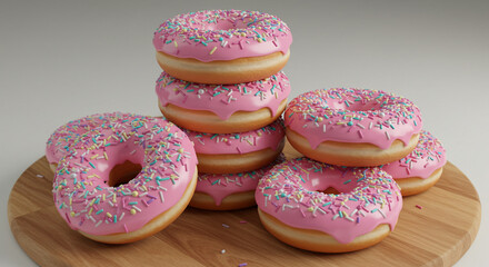 Indulge in sweet temptations with vibrant pink donuts sprinkled with colorful confetti on wooden board