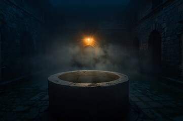 An old stone well sits in a fog-filled courtyard surrounded by aged stone walls. A single lantern glows warmly above an arched doorway, casting dramatic shadows through the misty night.