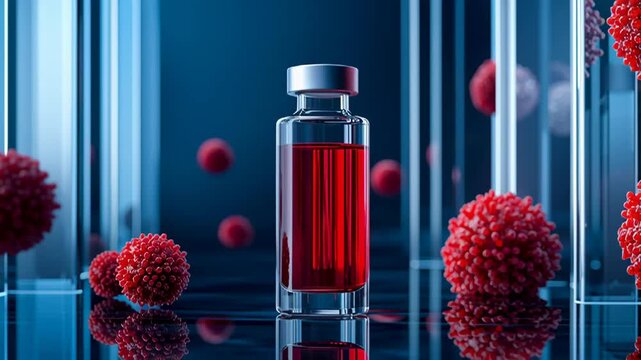 Vaccine vial with red liquid and measles virus spheres on display  
