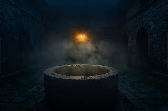 An old stone well sits in a fog-filled courtyard surrounded by aged stone walls. A single lantern glows warmly above an arched doorway, casting dramatic shadows through the misty night.