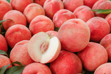 Fresh Ripe Peaches with Cut Half Showing White Flesh - Healthy Organic Summer Fruit