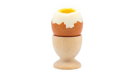 A soft-boiled egg, partially peeled, sits in a wooden egg cup. The egg's yolk is visible