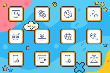 Digital targeting set icon. Line icons illustrate screens, arrows, globe, people, search, video, buy buttons, email, and mobile devices associated with marketing and digital focus tracking.