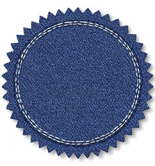 Dark blue denim circular badge with starburst border