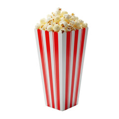 Classic red and white striped rectangular popcorn box overflowing with freshly popped, fluffy golden-white popcorn, isolated on a seamless transparent background, concept of movie night enjoyment