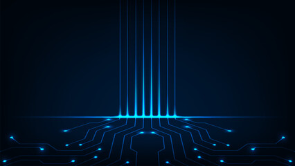 Line circuit board with glowing electronics element on blue background, Hi tech panal of connected line