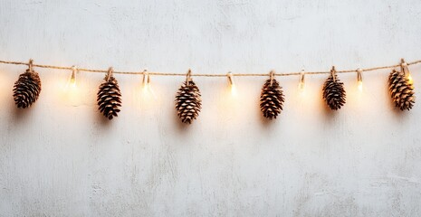 Pine cones strung on twine with lights