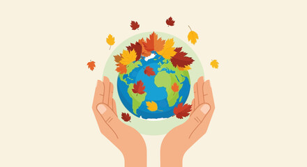 Hands Holding Earth Sphere with Autumn Leaves for Environmental Concept