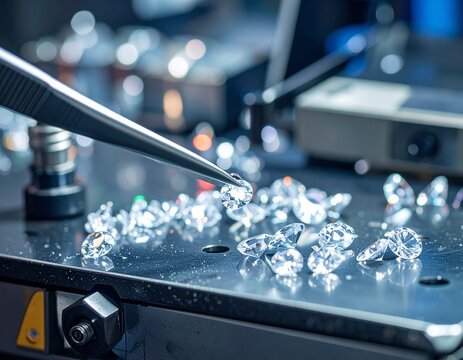 Diamonds Checking with Tweezers by Gemologist on the machine in the factory