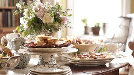 Fototapeta premium Gourmet wedding buffet table with decorative plates, focusing on a beautifully arranged centerpiece dish