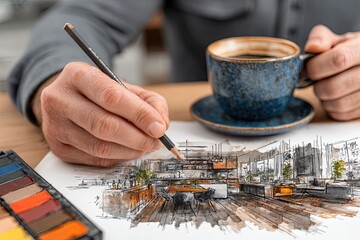Obraz premium Close-up of a person sketching an interior design
