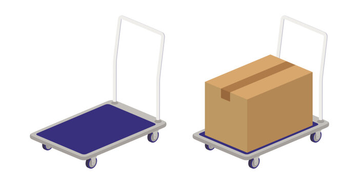 Two platform hand trucks, blue flat decks with four wheels and white handles, one empty, one carrying a sealed cardboard box
二台の平台車、四輪の青いデッキと白いハンドル、一台は空、一台は封をした段ボール箱