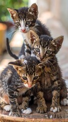 Three adorable kittens huddled together