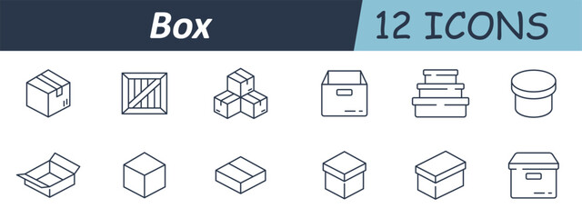 Box set icon. Cardboard container, open lid, crate wood, stack pile, package shape, delivery object, rounded jar, square form, shipment unit, flat parcel, storage bin.
