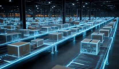 Fototapeta premium Futuristic automated warehouse with glowing conveyor belts and boxes