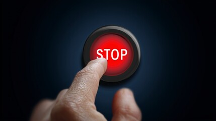 Finger pressing red stop button, emergency concept