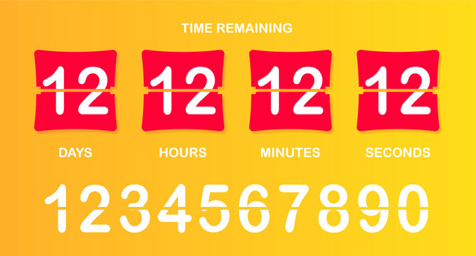 Countdown timer icon. Flip-style numeric display showing days, hours, minutes, seconds with brown background, bold split numbers, and a clear time-remaining header in white text.