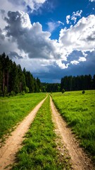 A country road winds through a lush green field under a dramatic sky