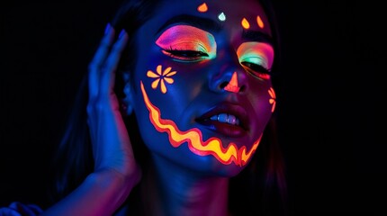 Young woman with face paint celebrating Halloween in dark setting  