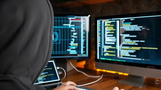 Rear view of anonymous person in dark hoodie working on computer with multiple screens displaying colorful code in dimly lit room, concept for cybersecurity and hacking
