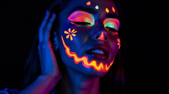 Young woman with face paint celebrating Halloween in dark setting  