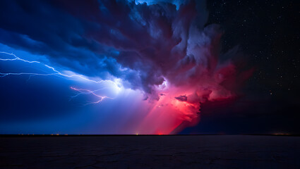 Obraz premium Dramatic Nightscape Wallpaper: Vibrant Pink and Blue Storm Clouds, Lightning Strikes, Starry Sky