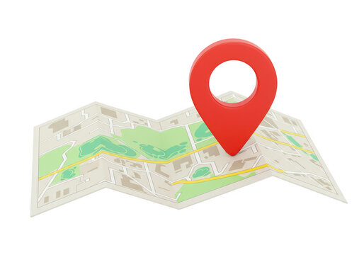 A map with a red location pin is isolated on transparent background
