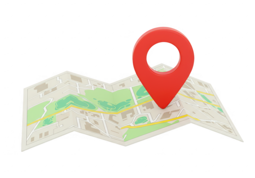 A map with a red location pin is isolated on transparent background