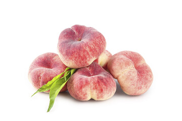 Fresh Shaanxi Flat Queen Peaches with Leaves Isolated on White Background