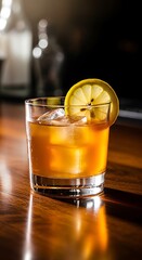 Refreshing Old Fashioned Cocktail with Lemon Twist on a Wooden Bar.