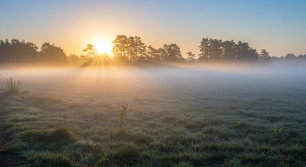 Naklejka premium Golden sunrise over a misty field with sunbeams filtering through the trees in the background.