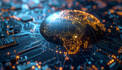 Global Network: A vivid, conceptual image showcasing the interconnectedness of the globe, represented by an illuminated world map integrated into a circuit board.