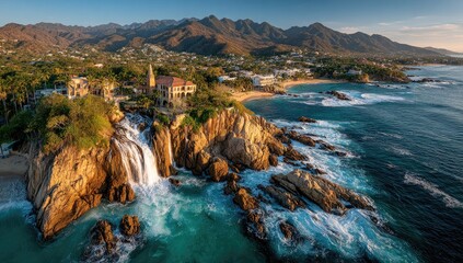 Coastal cliffside waterfall cascading into turquoise ocean