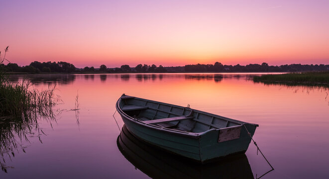 A small boat rests on a calm lake at sunset, reflecting the colorful sky.