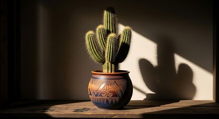 Cactus in Pot with Dramatic Lighting and Shadow Play.