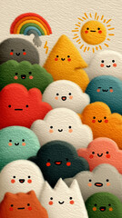 虹と太陽の下で微笑むカラフルな可愛いキャラクターたち | Smiling Colorful Cute Characters with Rainbow and Sun