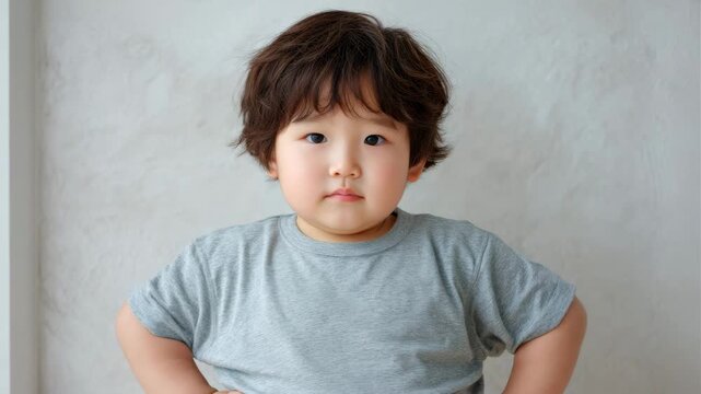 Child Asian boy gray t shirt standing indoors with hands hips, confident expression, soft lighting, short wavy hair, chubby cheeks, calm and curious, neutral textured background, casual style