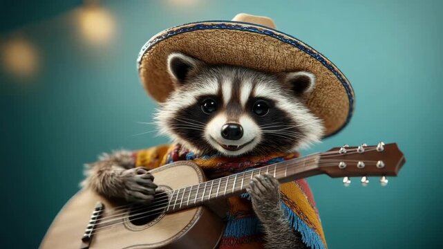 Cute raccoon wearing sombrero playing guitar with colorful poncho in cheerful scene. Cinco de Mayo, Battle of Puebla Day, Mexican Heritage Festival - Latin American Cultural Celebration