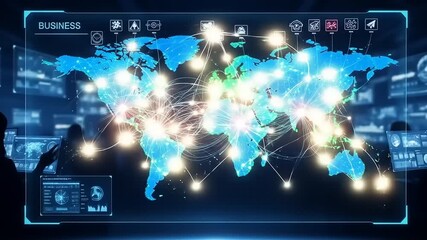 Digital world map with interconnected data points, showcasing global business networks and technology - Powered by Adobe