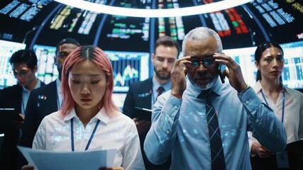 Diverse professionals analyzing financial data in modern control center environment - Powered by Adobe