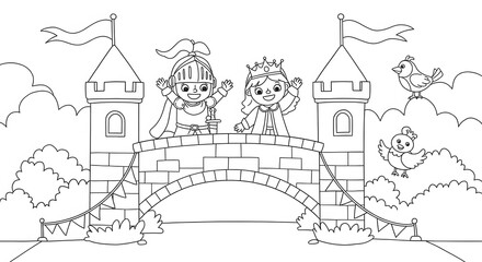 Coloring Page of Cartoon Knight and Princess on Castle Bridge, Black and White Illustration