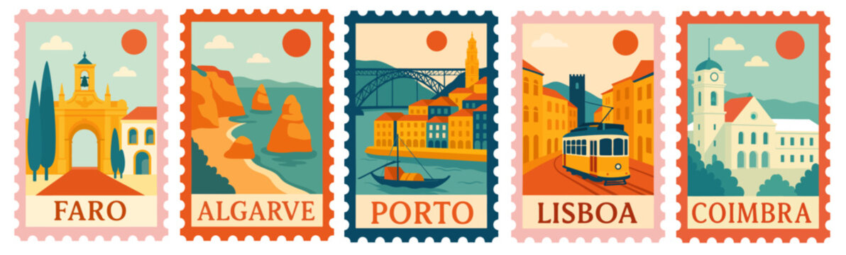 SET OF PORTUGAL STAMPS ILLUSTRATION (PORTO, LIBOA, FARO, ALGARVE, COIMBRA)