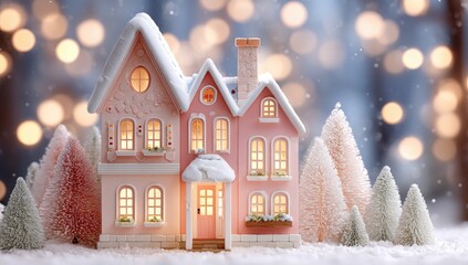 Pink snow-covered house miniature, Christmas lights