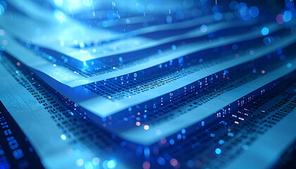 Digital Data Layers: Abstract shot of layered documents in a futuristic and data-driven design. Represents technology, analysis, and innovation in a clean and visually captivating aesthetic.